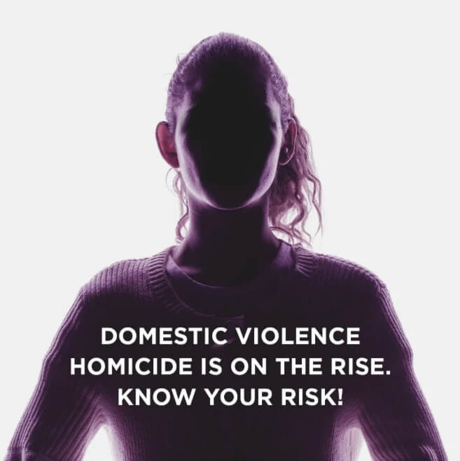 A woman whose face is not distinguishable, with a caption overlain: "Domestic violence is on the rise. Know your risk!"