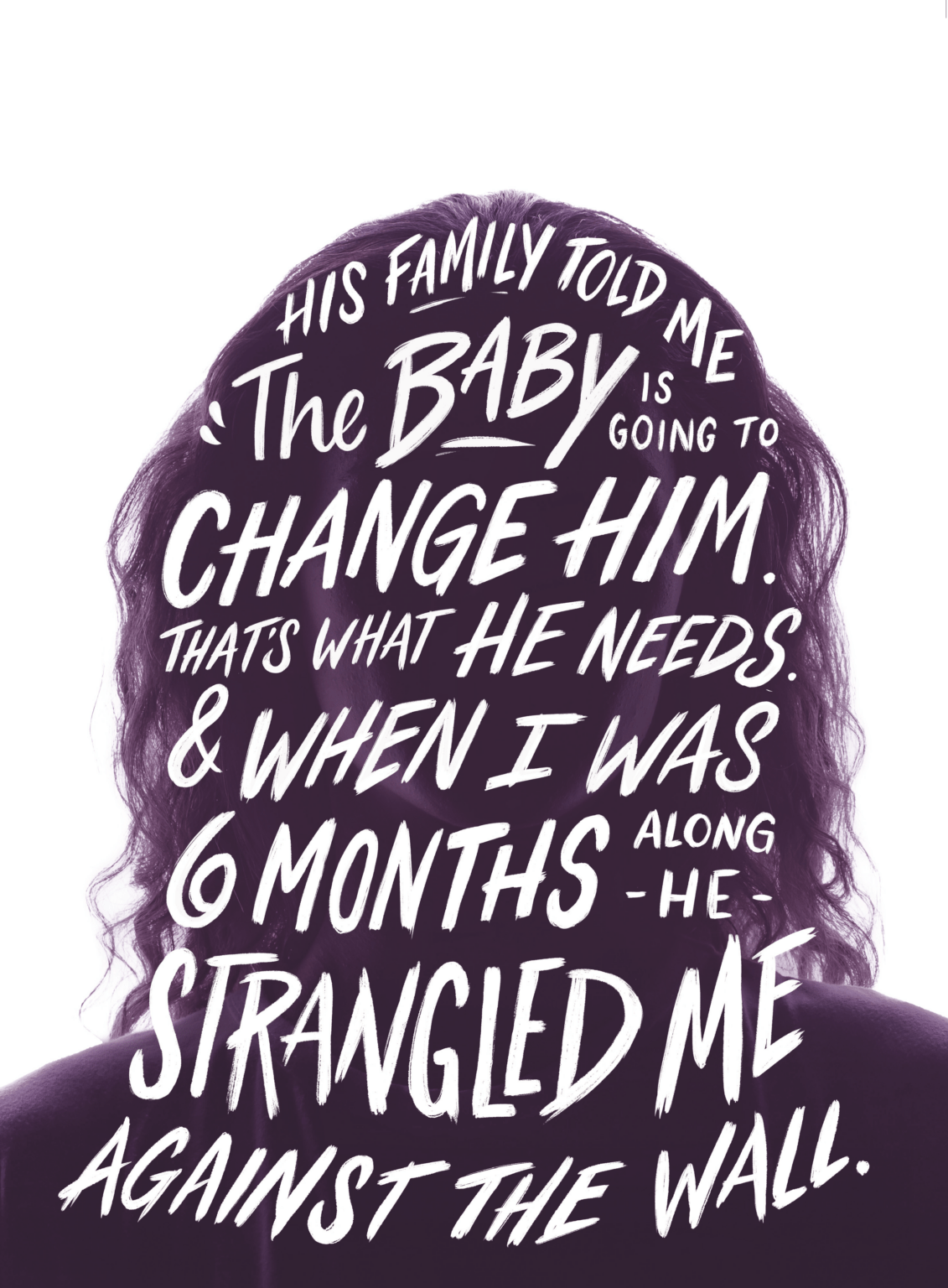 Dark backdrop of an anonymous survivor with a quote from her story overlapped.