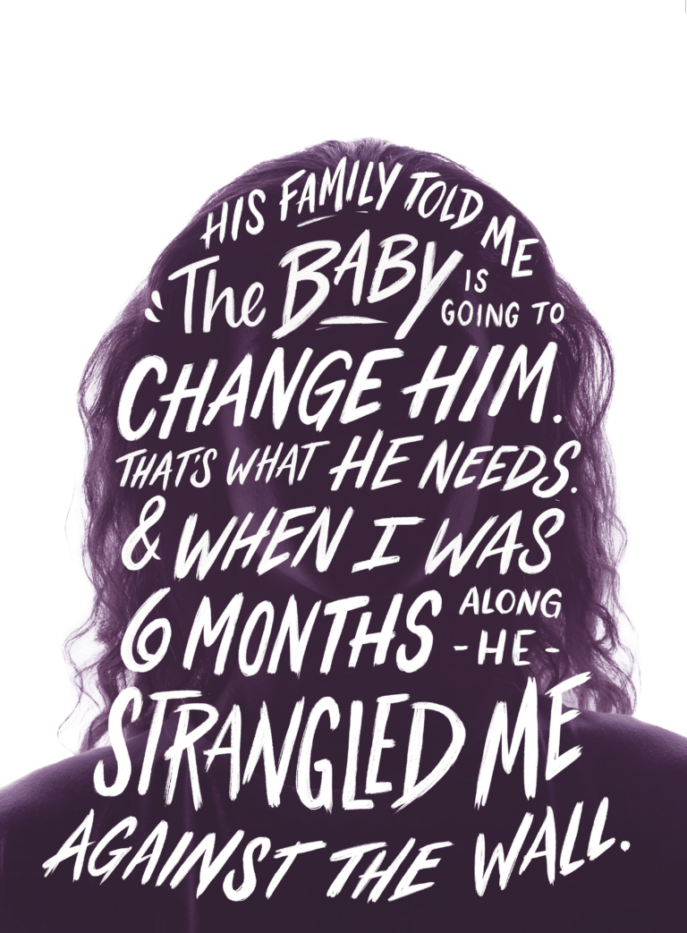 Dark backdrop of an anonymous survivor with a quote from her story overlapped.